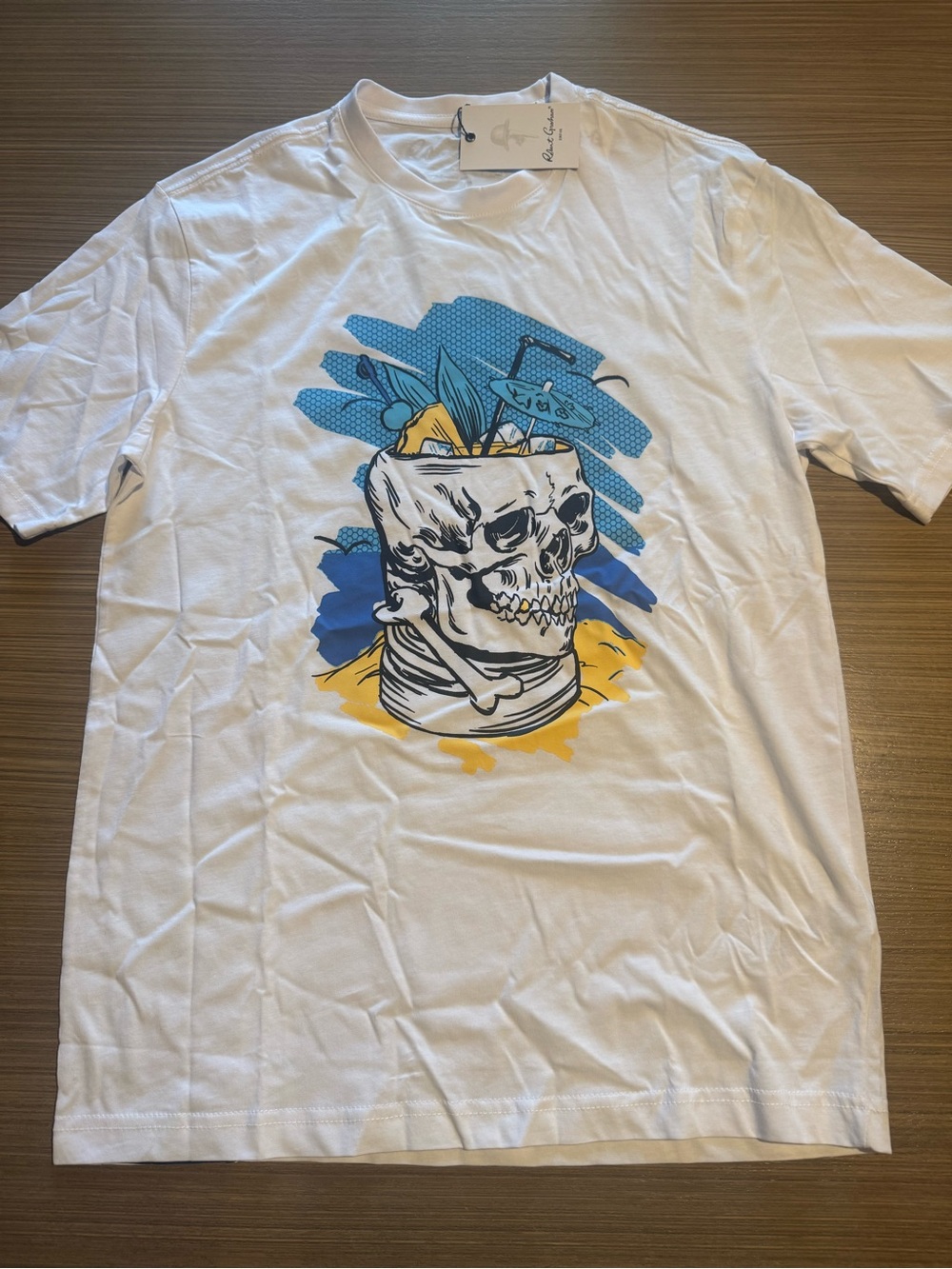 Robert Graham White Short Sleeve Tee with Blue and Yellow Skull Graphic